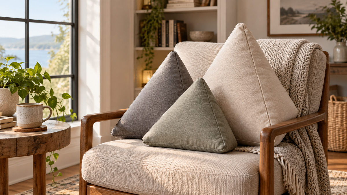 Neutral pyramid-shaped support pillows arranged on a reading chair