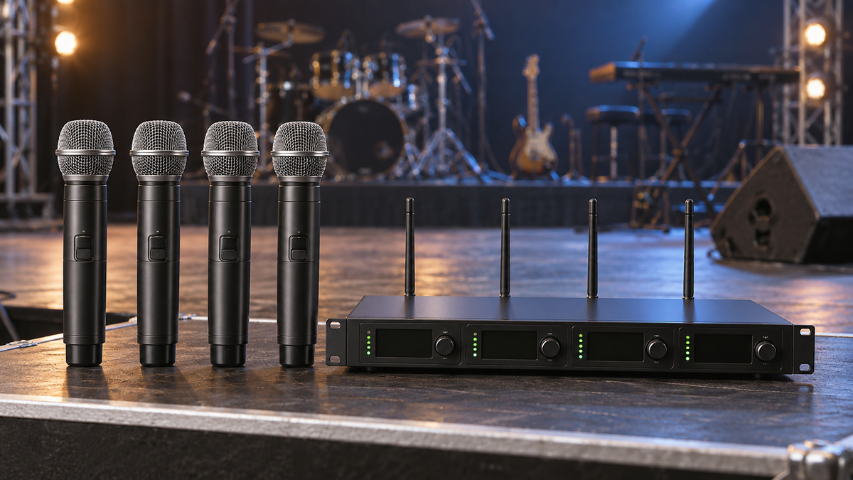 Unbranded four-channel wireless microphone system with receiver and four handheld microphones