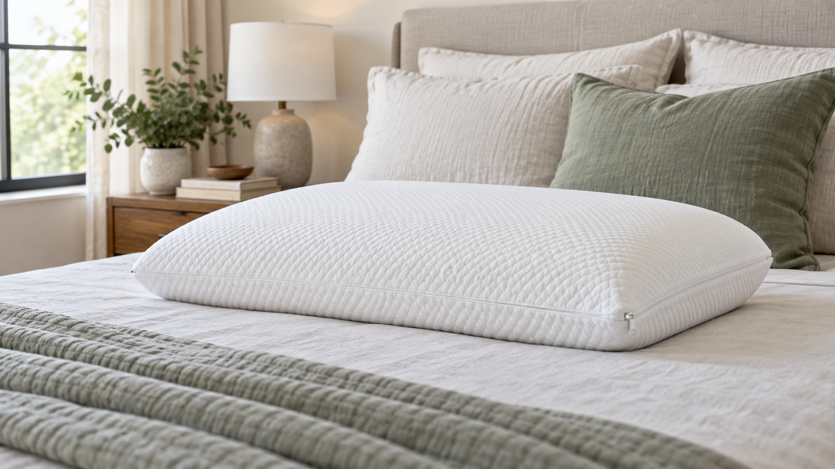 Queen size memory foam pillow with a removable cover on a neatly made neutral bed