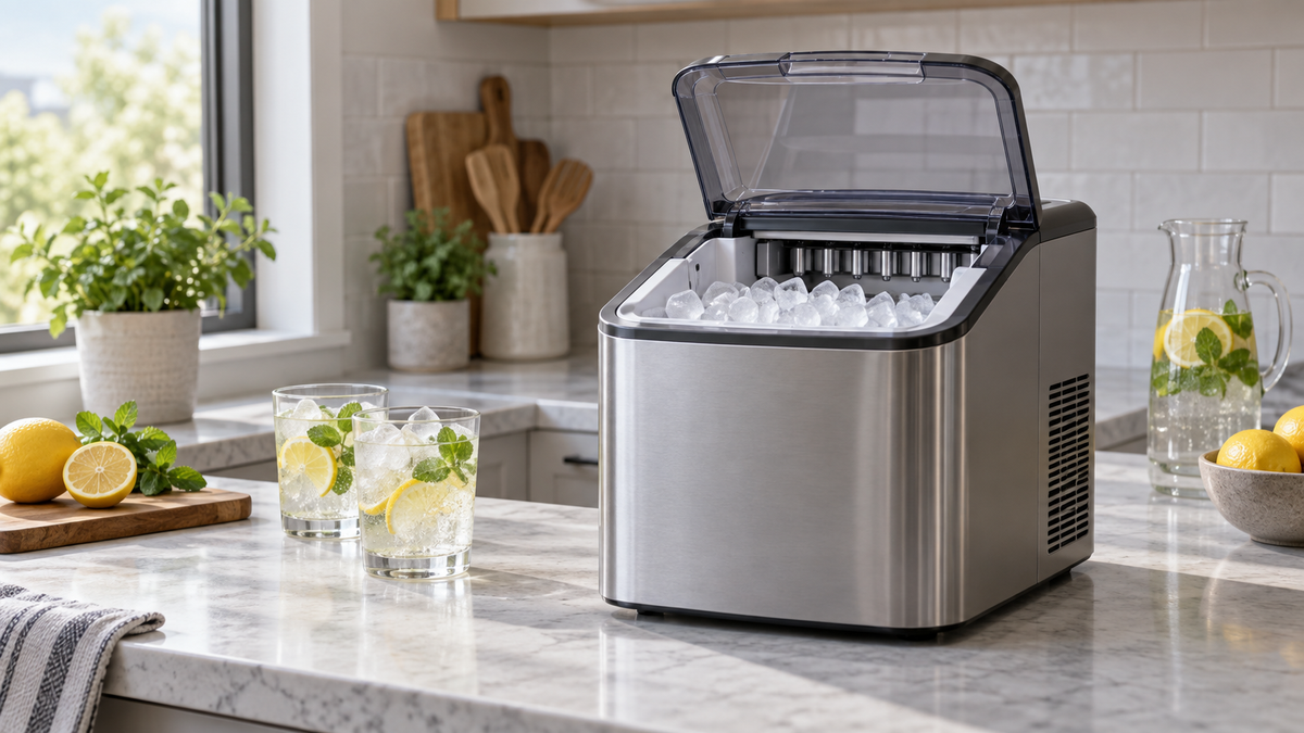 Unbranded quiet countertop ice maker operating in a calm modern kitchen
