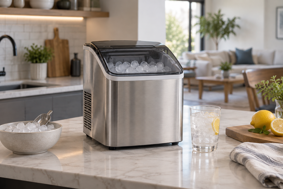 Unbranded quiet countertop ice maker operating in a calm open-plan kitchen