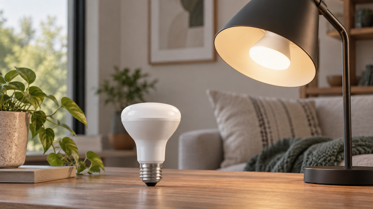 R20 smart reflector bulb beside a compatible modern light fixture