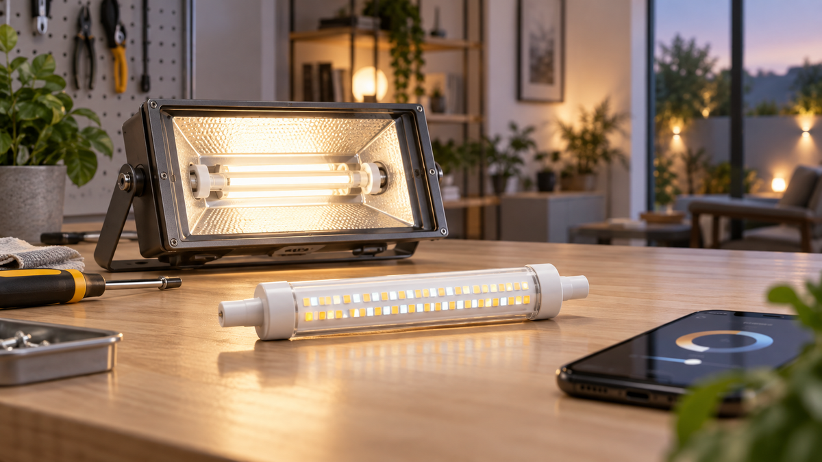 Unbranded R7S smart linear bulb beside a compatible double-ended lamp fixture