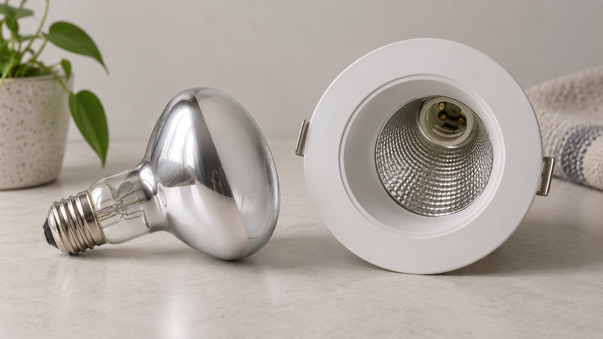 Unbranded R80 reflector globe bulb displayed beside a recessed light fitting