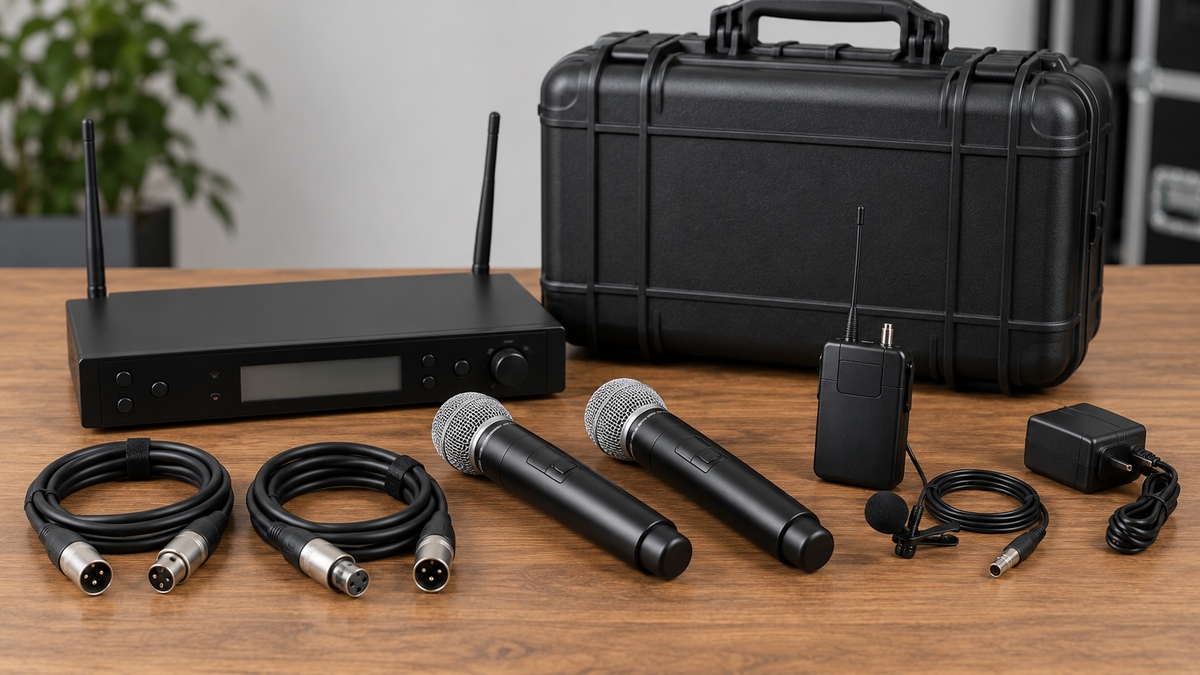 Radio microphone rental kit with receivers cables and protective case