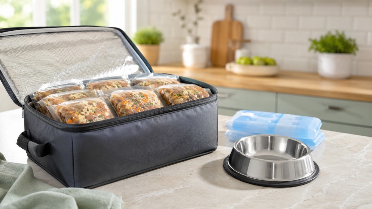 Chilled unbranded dog food delivery portions in a clean kitchen