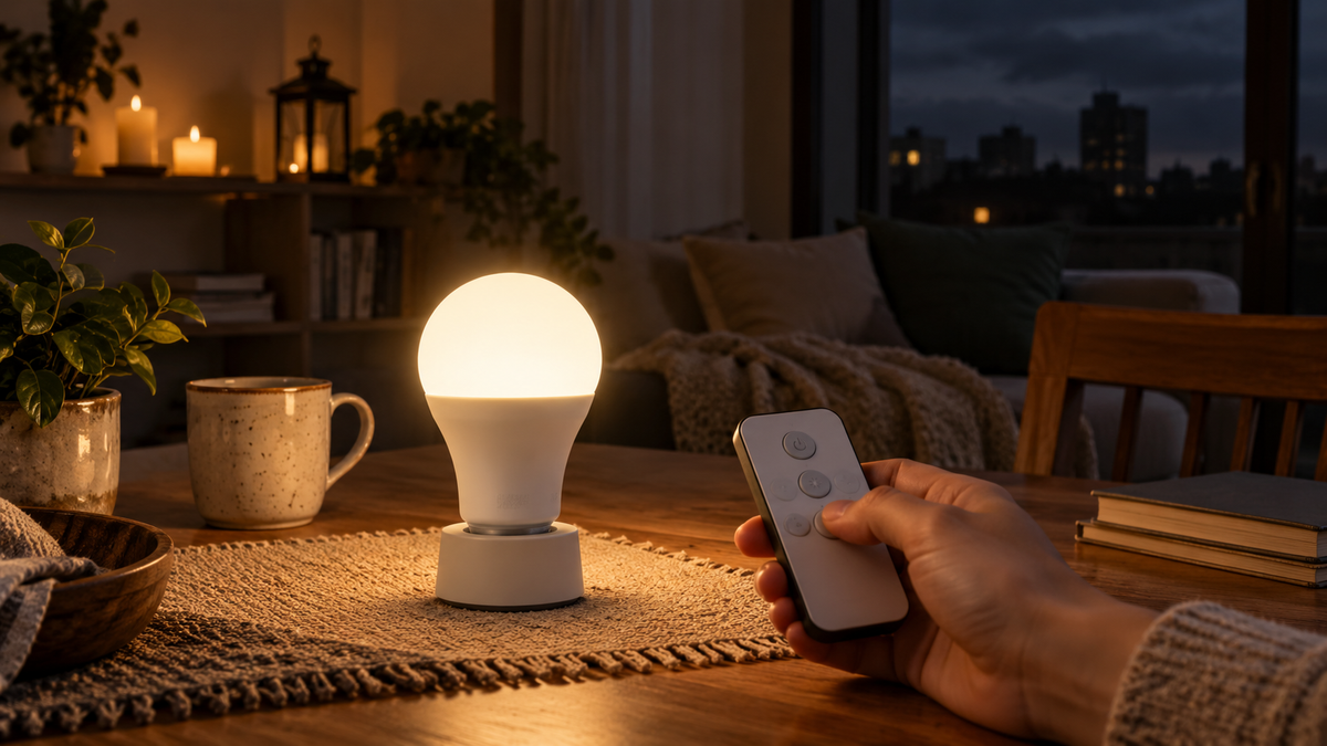 Unbranded rechargeable light bulb glowing beside a simple handheld remote control