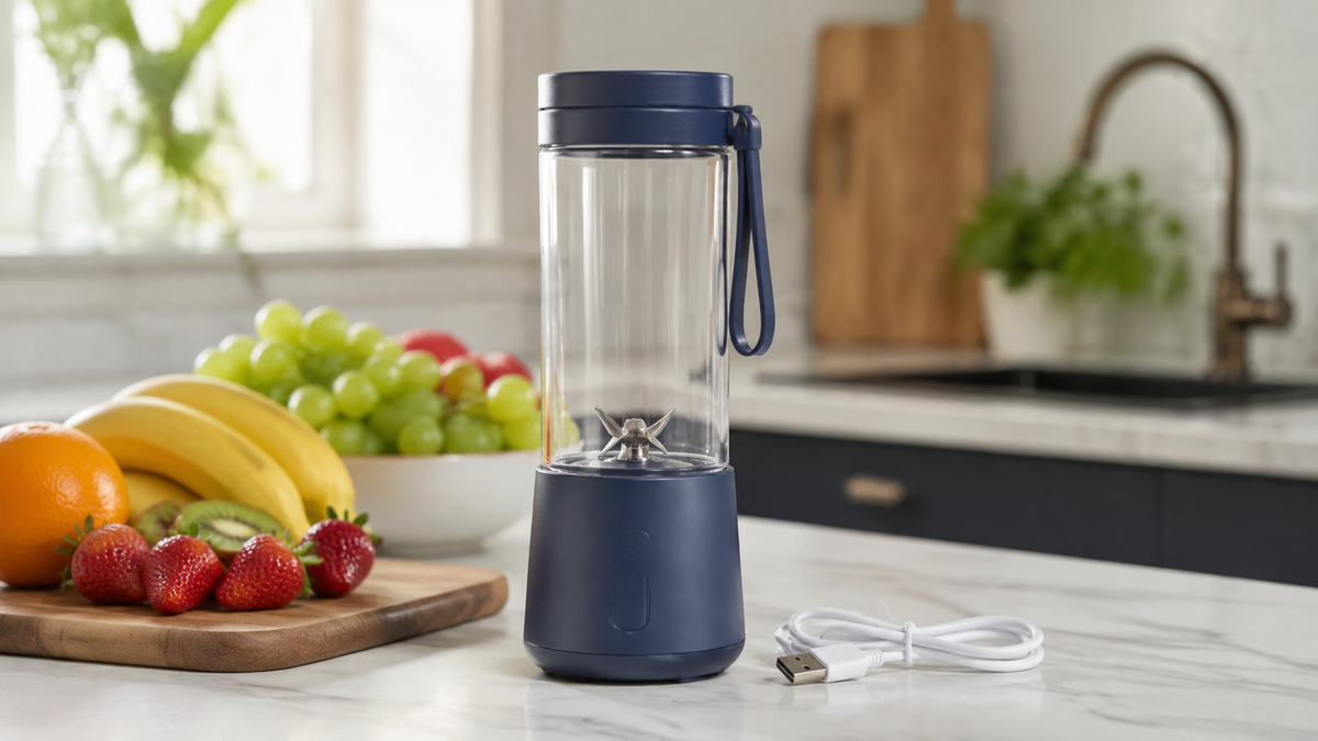 Rechargeable personal blender with fruit and charging cable