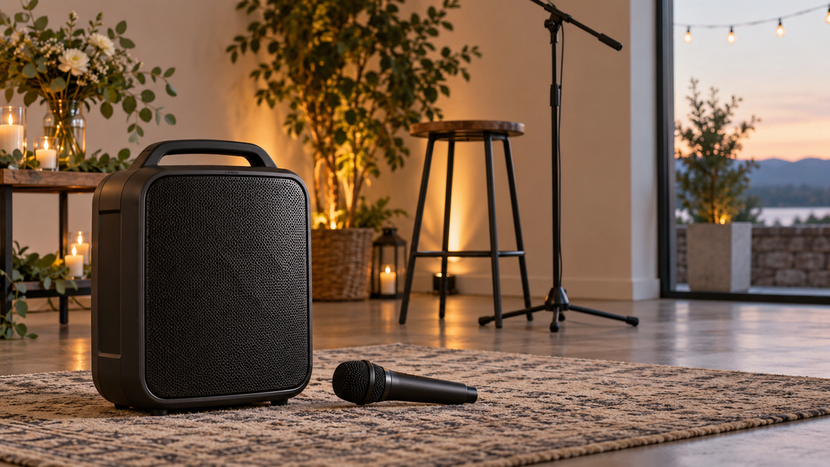 Unbranded rechargeable portable speaker with microphone in a clean small-event setup