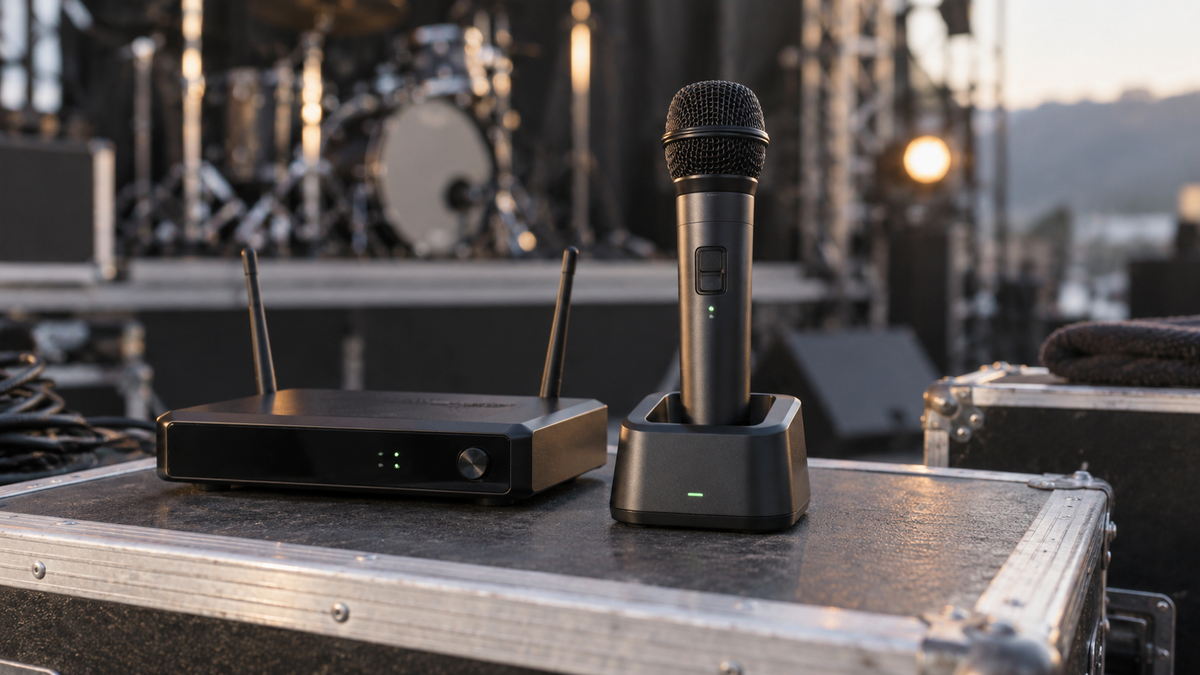 Rechargeable wireless microphone with receiver and charging dock