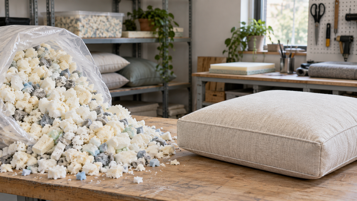 Loose recycled memory foam pieces and a finished cushion shown in a clean workshop