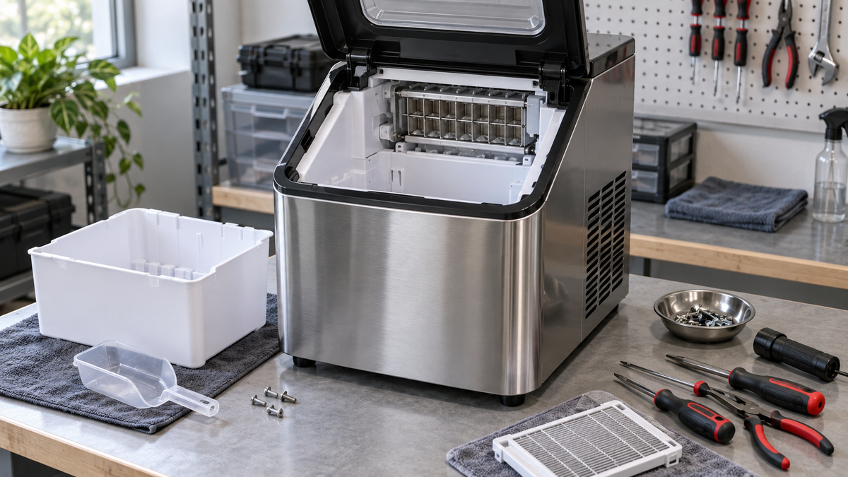 Unbranded refurbished countertop ice maker being inspected on a clean workbench