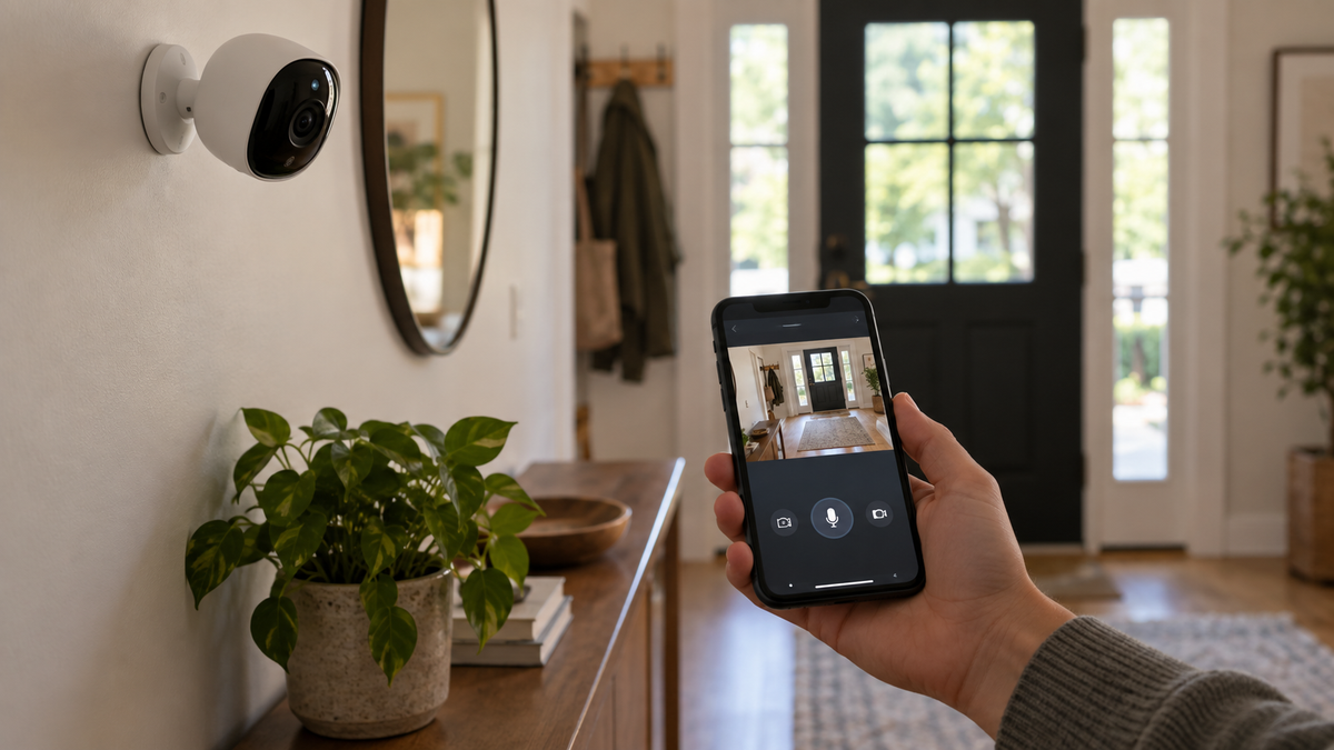 Visible unbranded security camera with a remote viewing screen in an authorized home setting