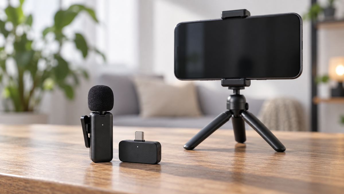 Unbranded remote microphone and receiver beside a generic smartphone recording setup