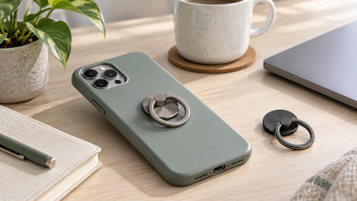 Unbranded removable phone ring holder attached to a plain smartphone case