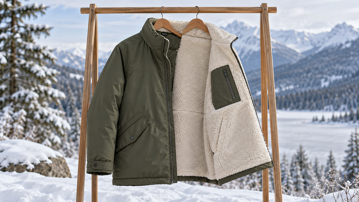 Reversible winter coat displayed open to show two contrasting wearable sides
