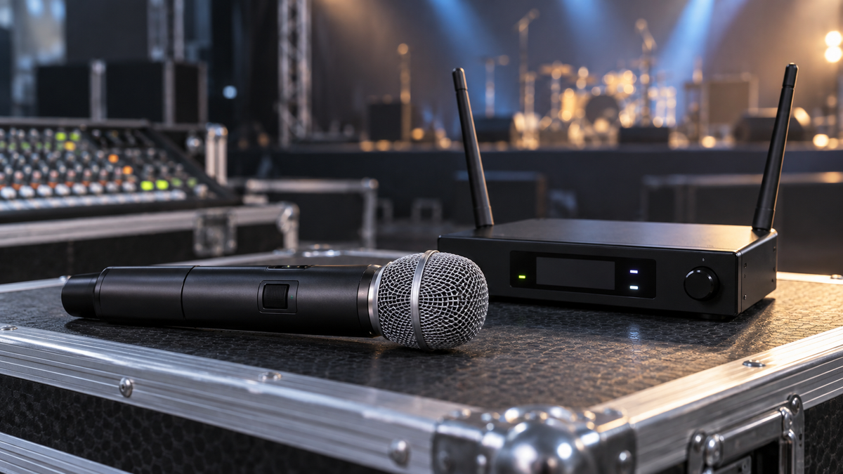 Unbranded RF wireless microphone with receiver and antennas on an audio desk