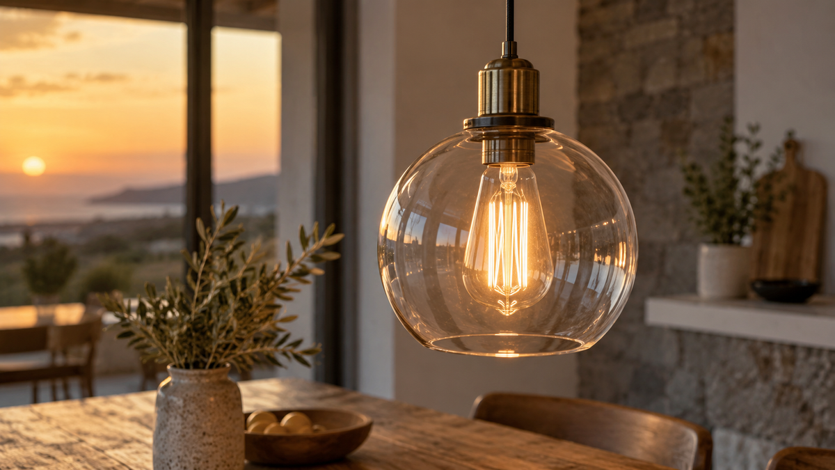 Unbranded RGB filament-style bulb glowing softly in a clear glass pendant fixture