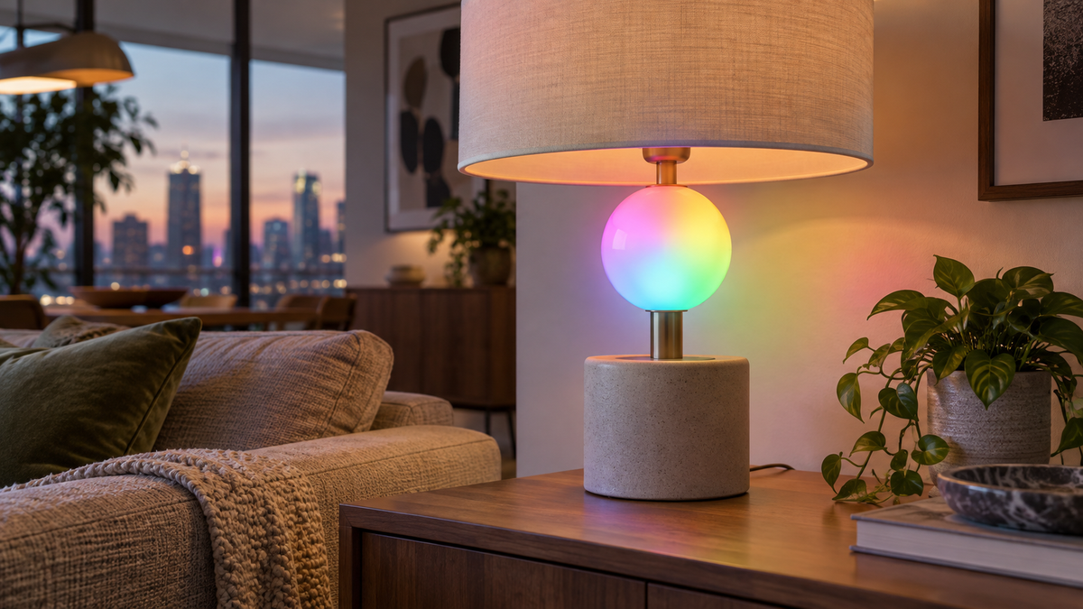 Unbranded RGB globe bulb glowing with soft multicolor light in a table lamp