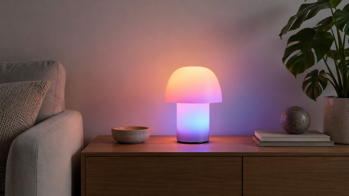 Unbranded RGB smart table lamp casting gentle colored light on a neutral wall