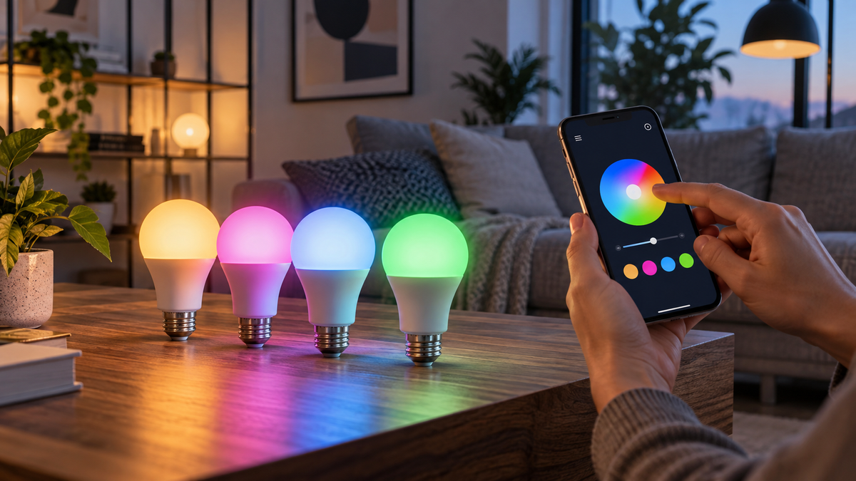 Unbranded RGB WiFi bulb glowing beside a smartphone in a modern room