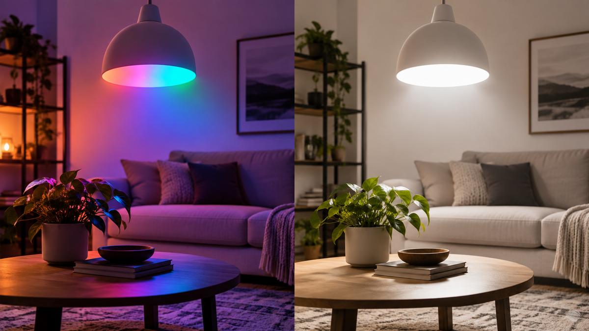 Unbranded RGBW color-changing bulb demonstrating colored light and a clean white beam