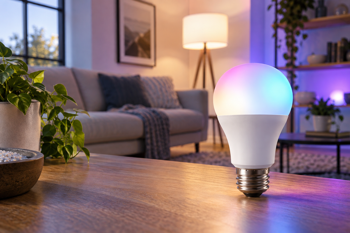 Unbranded RGBW light bulb casting balanced white and colored light in a modern room