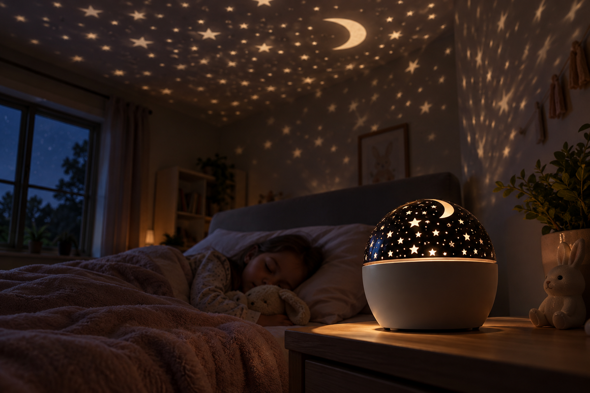 Unbranded rotating star night-light projector casting subtle stars across a bedroom ceiling