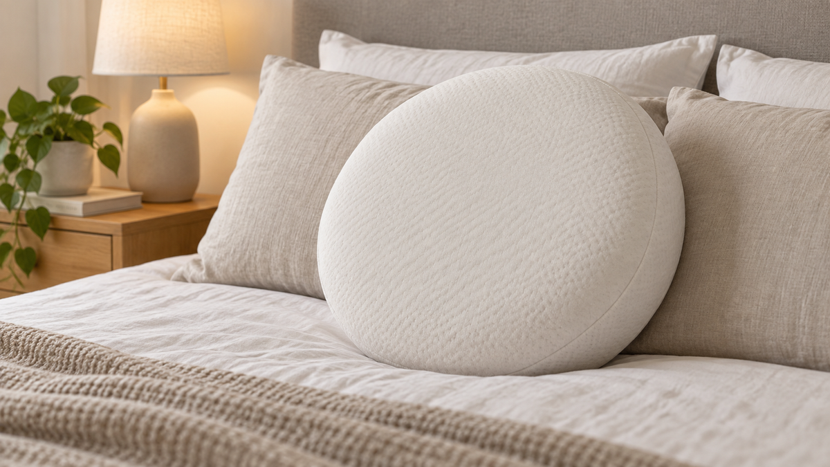 Round memory foam pillow arranged on a neutral bed