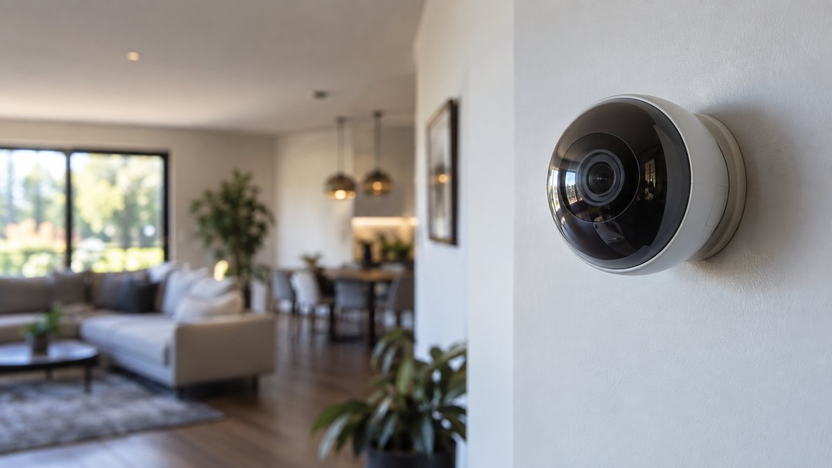 Round security camera mounted on a modern interior wall