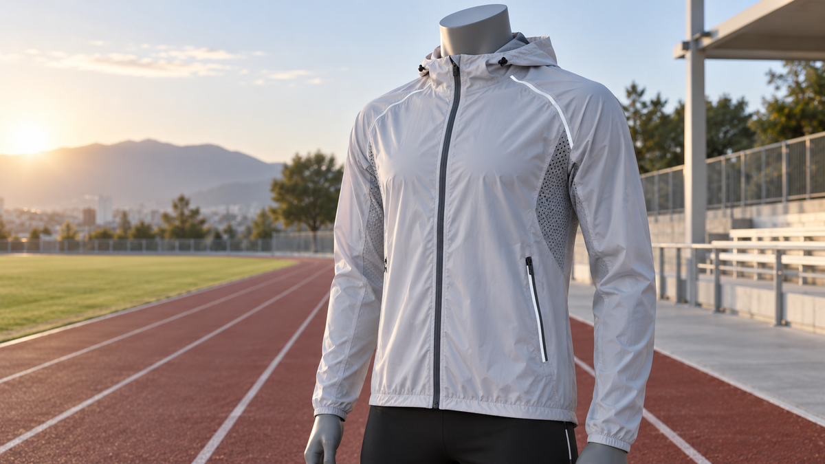 Lightweight running jacket showing vents and zipper