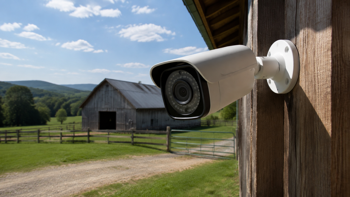 Outdoor security camera overlooking a rural property and open field