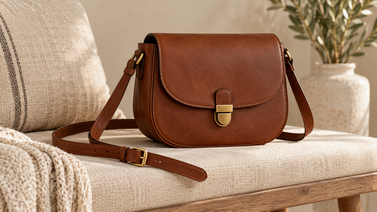Brown saddle shaped crossbody bag with a flap closure and adjustable strap