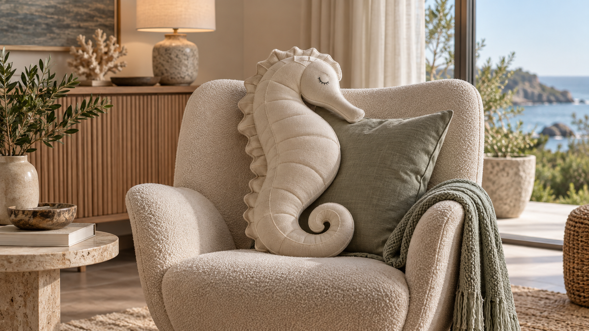 Neutral seahorse-shaped memory foam pillow displayed on a lounge chair