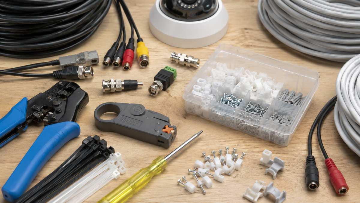 Security camera cables connectors and installation tools on a workbench