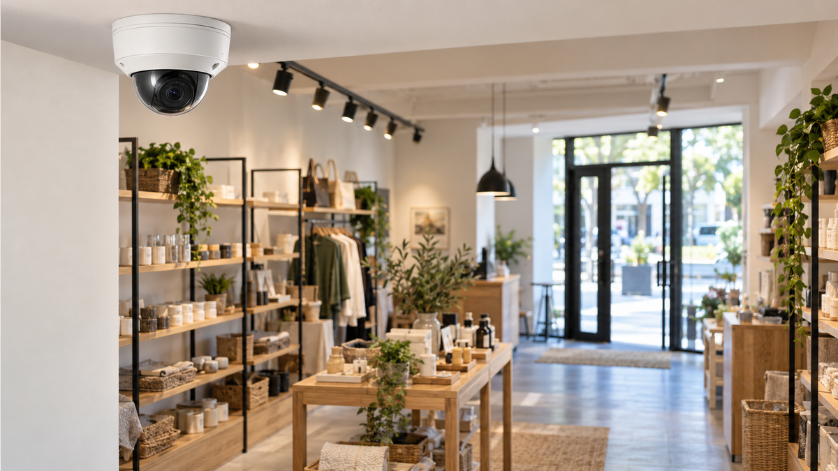 Security camera installation covering the entrance and shelves of a retail shop