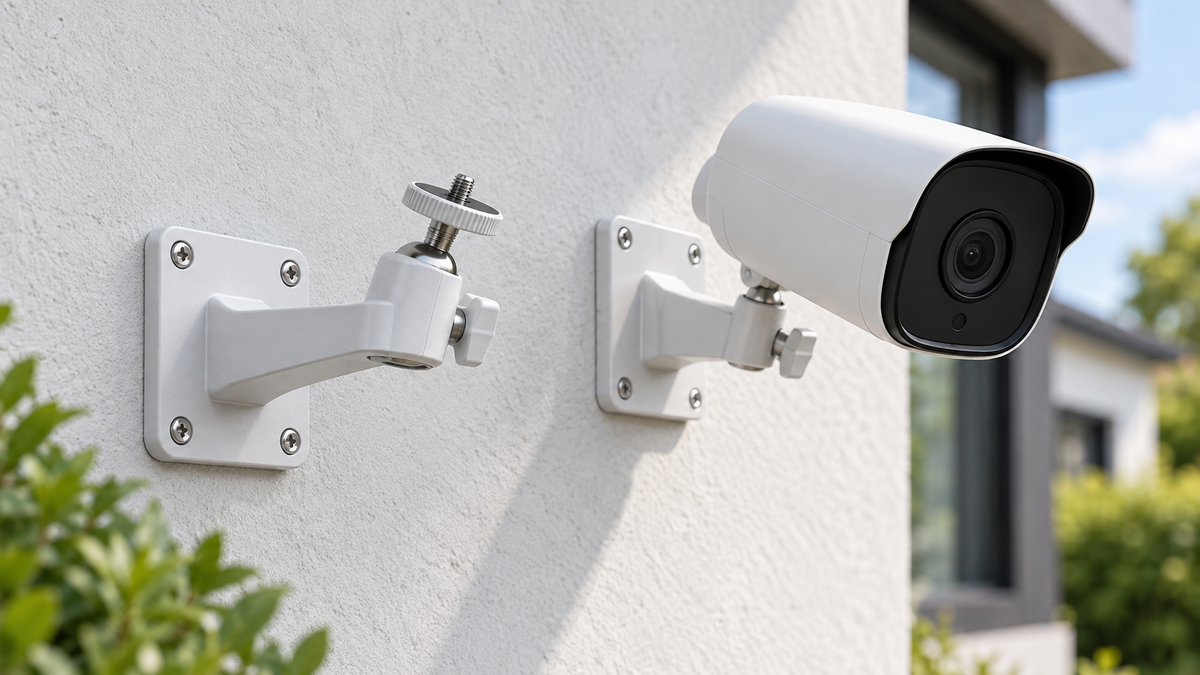 Adjustable security camera holder mounted visibly on an exterior wall