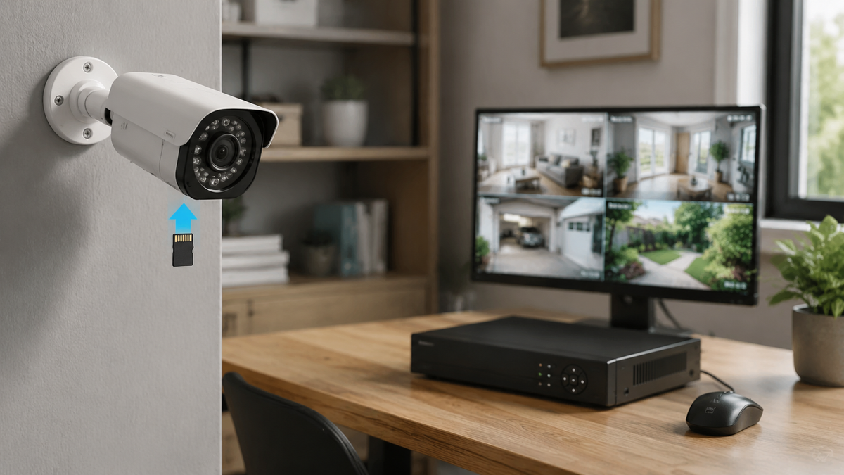 Generic security camera with local storage accessories in a home office