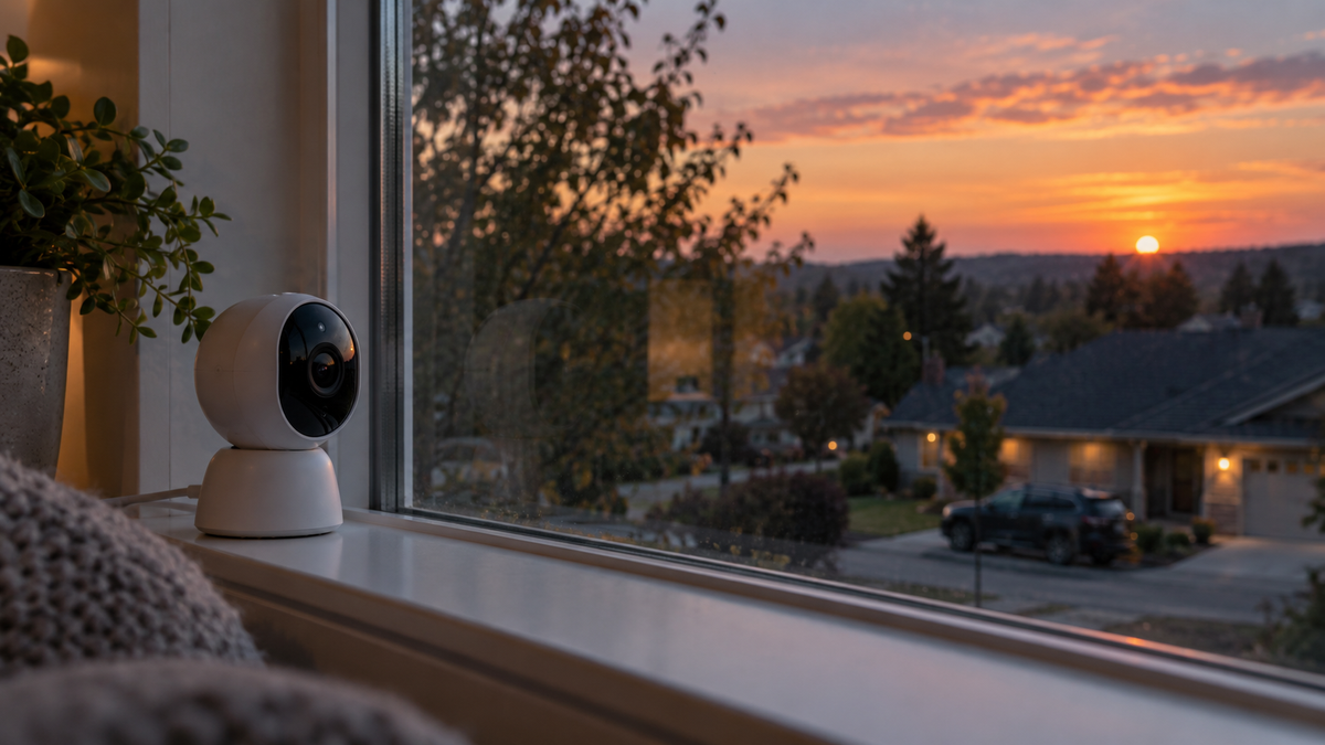 Unbranded indoor security camera positioned close to a window overlooking a driveway