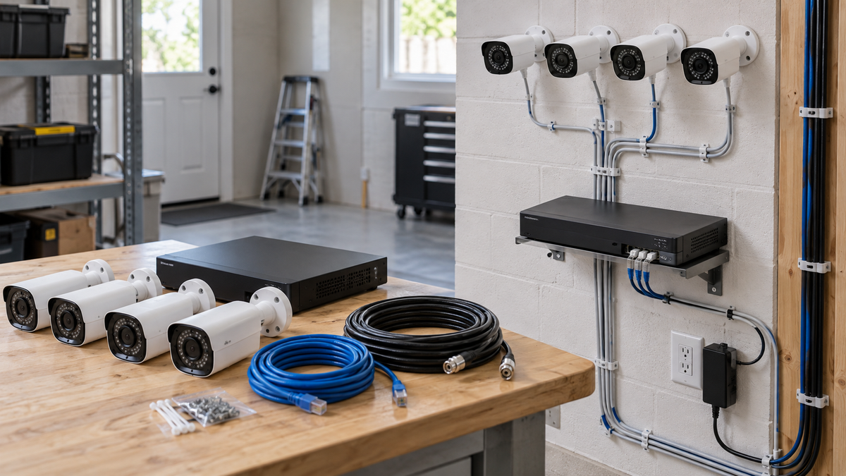 Wired security cameras, recorder, and cable samples in a tidy installation
