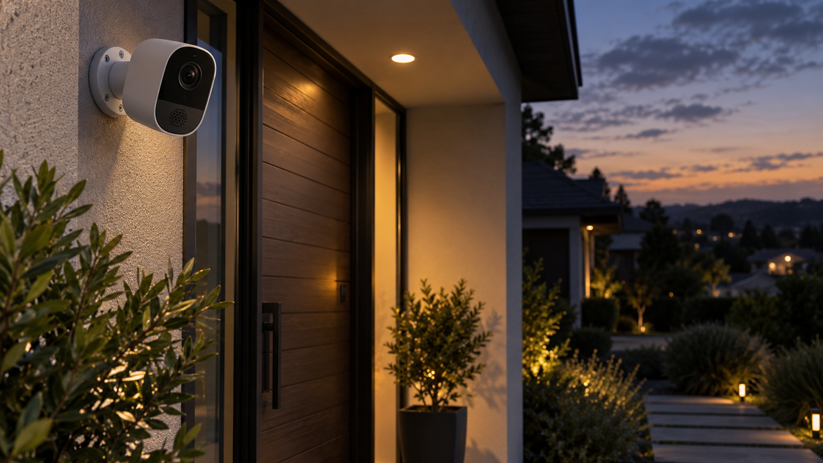 Outdoor security camera with built-in alarm speaker above a home entrance
