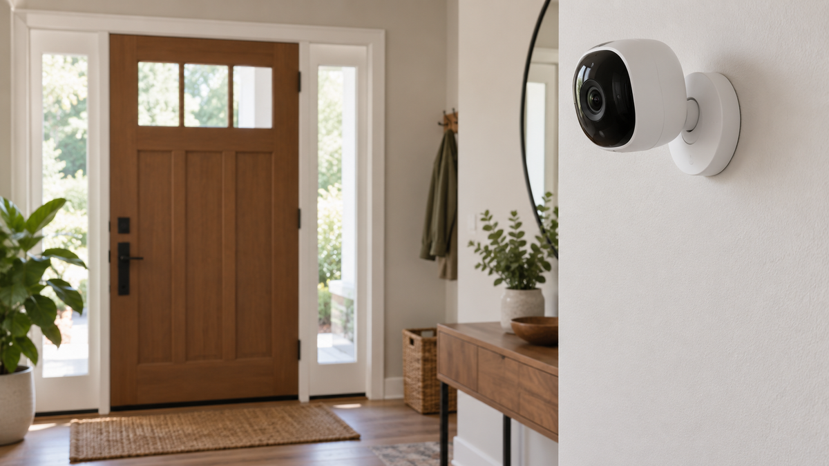 Unbranded visible security camera without audio features mounted in a clearly monitored entryway