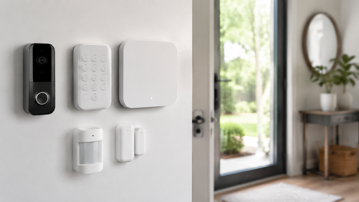 Unbranded security system with video doorbell keypad hub and sensors