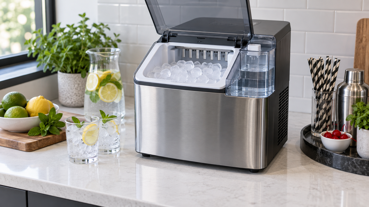 Self cleaning countertop ice maker with fresh ice and visible water reservoir