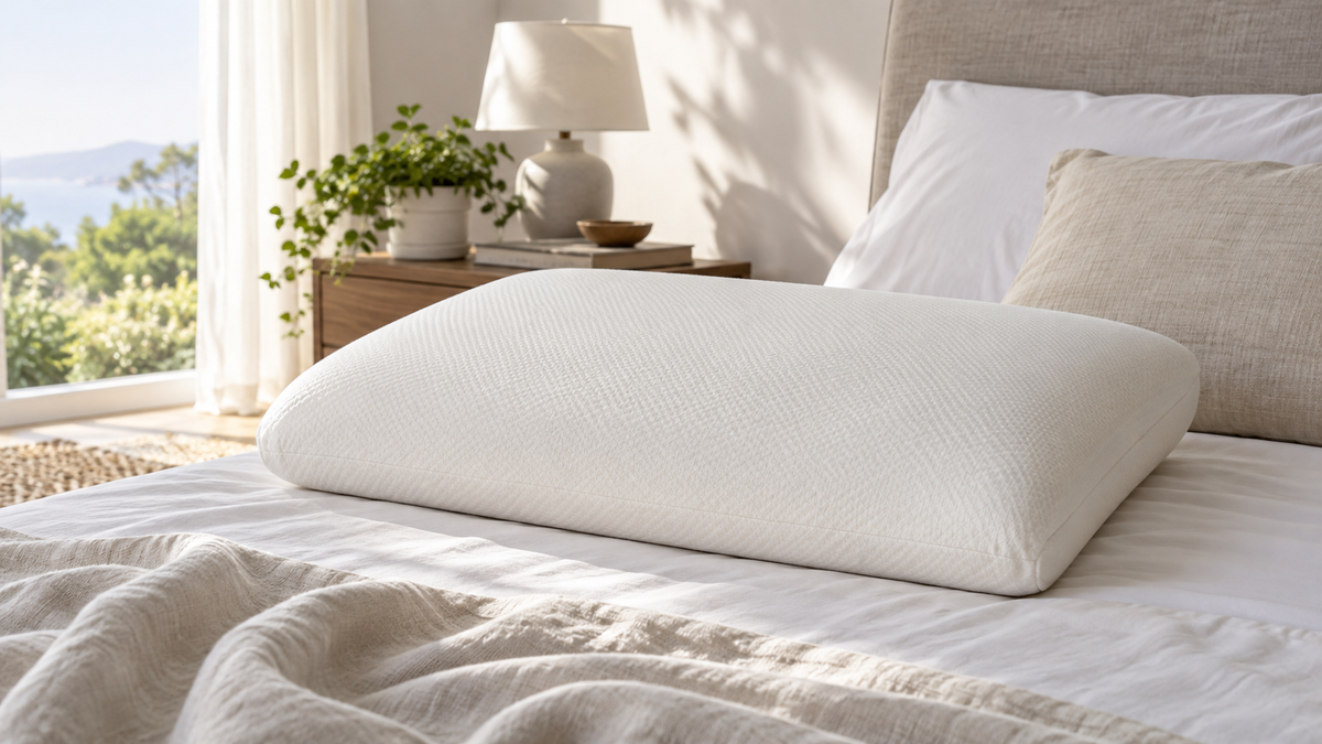 Plain viscoelastic foam pillow with a removable neutral cover in a well-ventilated bedroom