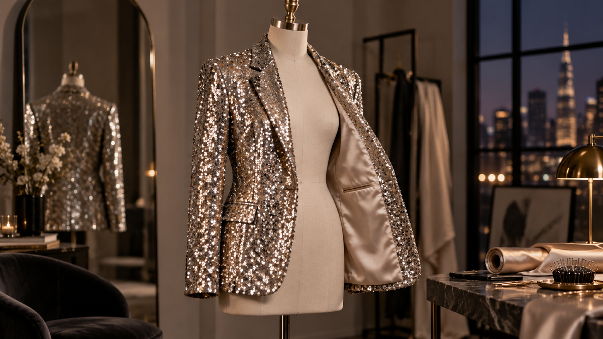 Unbranded sequin jacket showing reflective surface and smooth lining