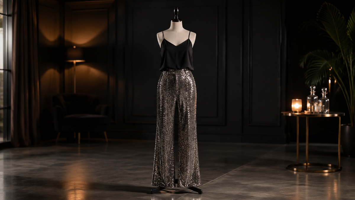 Sequin pants with a matte black top in an evening studio