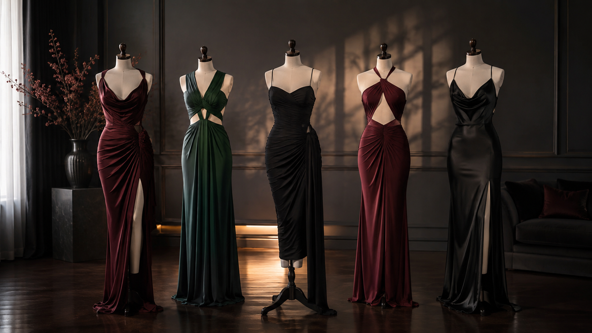 Elegant evening dresses with confident silhouettes displayed on mannequins