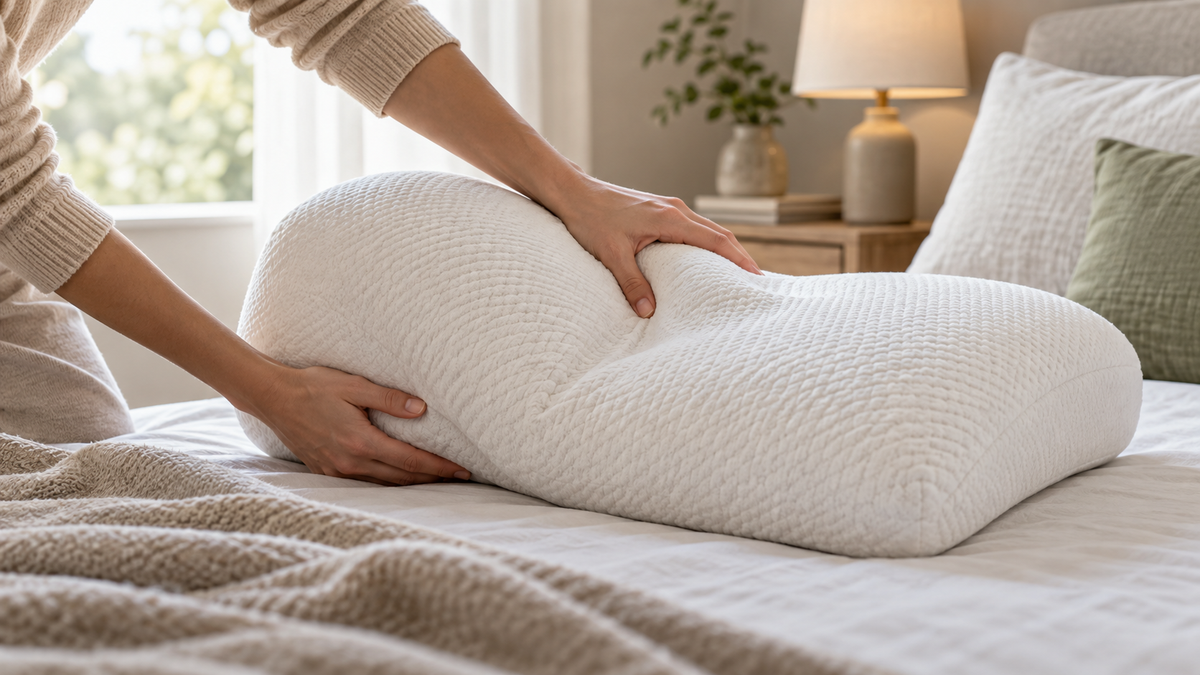 Unbranded shapeable comfort pillow being gently adjusted on a neutral bed