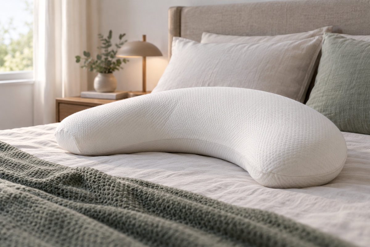 Unbranded shapeable pillow gently molded into a supportive curve on a bed